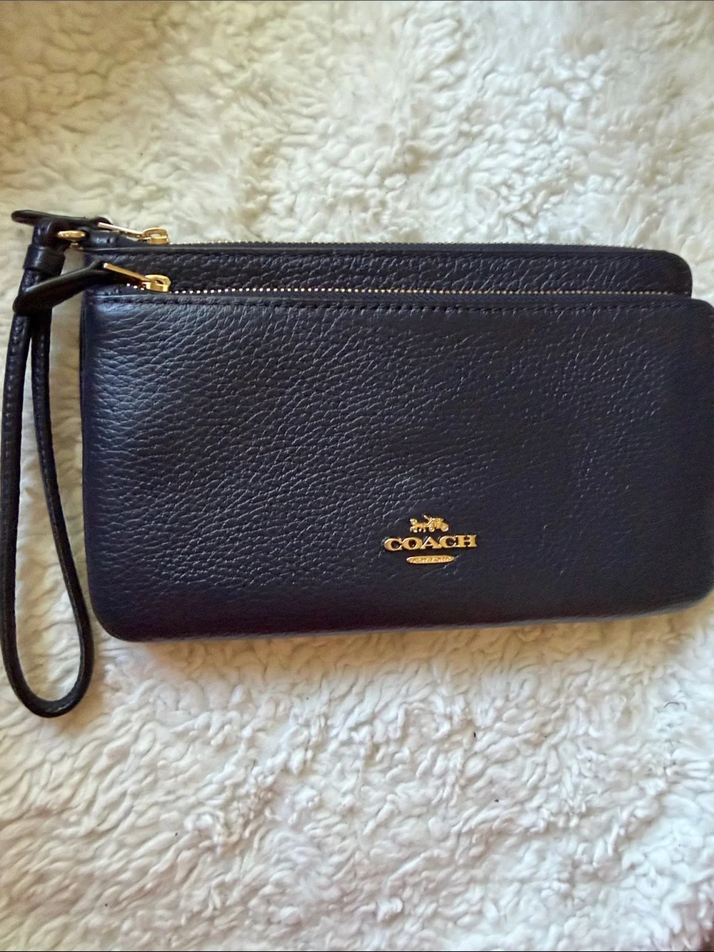 Coach Black Pebbled Leather Wristlet with Gold Logo